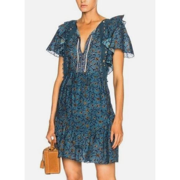 SEA New York Kaylee Boho Mini Dress Ruffle Tiered Skirt Crochet Trim Coastal 2 - Picture 1 of 13